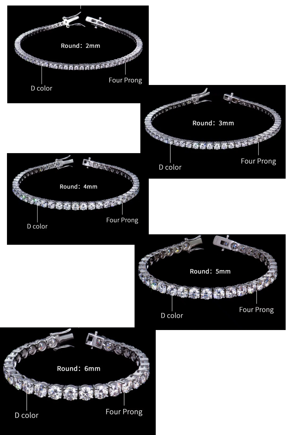 Set of moissanite  bracelets with varying diamond sizes on a white background