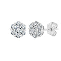 A pair of silver stud earrings with round cluster diamond settings, showing both the front face of one earring and the side profile with butterfly back on a white background.