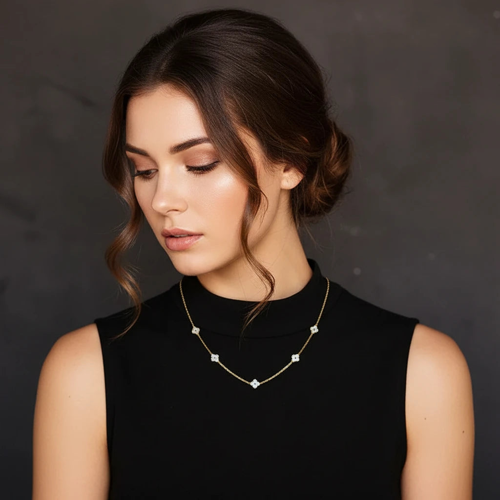 Woman wearing a delicate necklace against a dark background