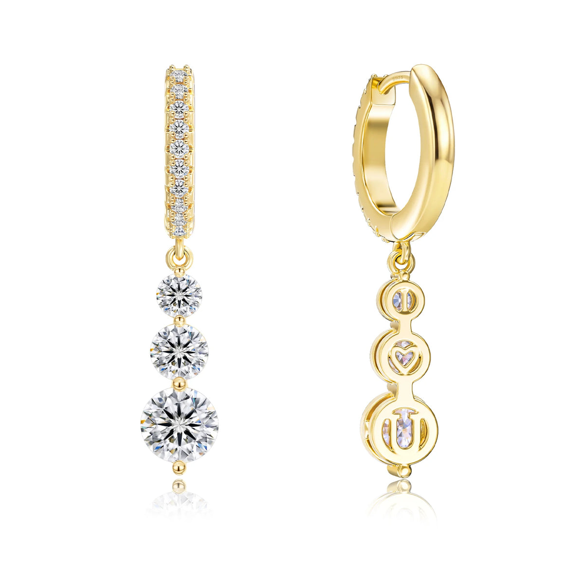 A pair of gold huggie hoop earrings with vertical dangle chains set with clear gemstones, shown from both front and back views on a white background.