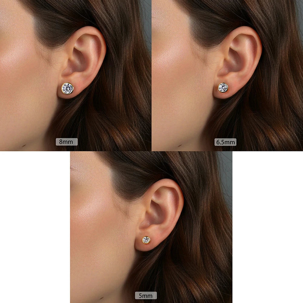 Three views of a diamond earring on an ear, showing different sizes.