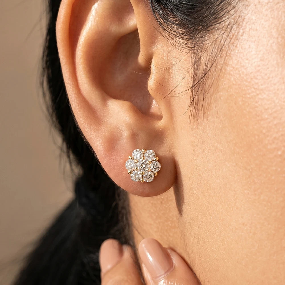 Close-up of an ear wearing a diamond earring with a blurred background