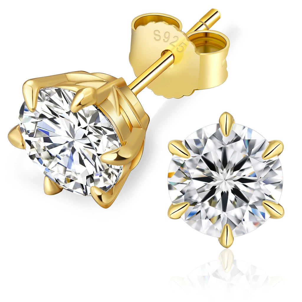 Two yellow gold solitaire stud earrings with round brilliant-cut clear gemstones, one shown from the front and the other from the side/back with an S925 stamp, on a white background.