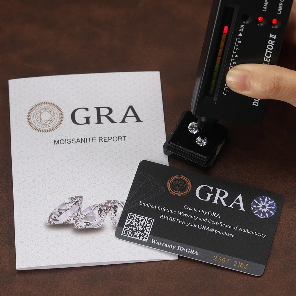GRA moissanite report, card, and earrings on a brown surface