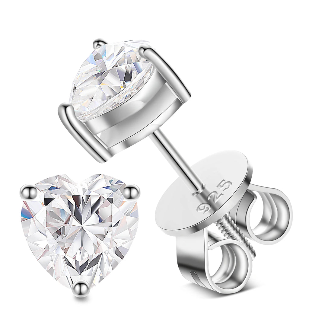 Pair of silver heart-shaped stud earrings on a white background
