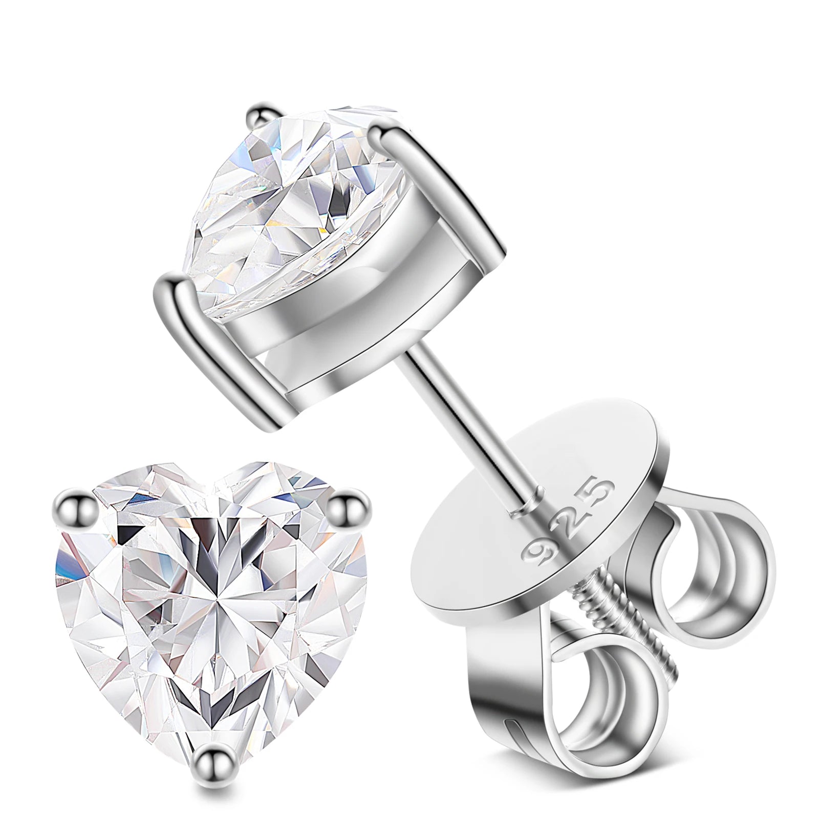Pair of silver heart-shaped stud earrings on a white background