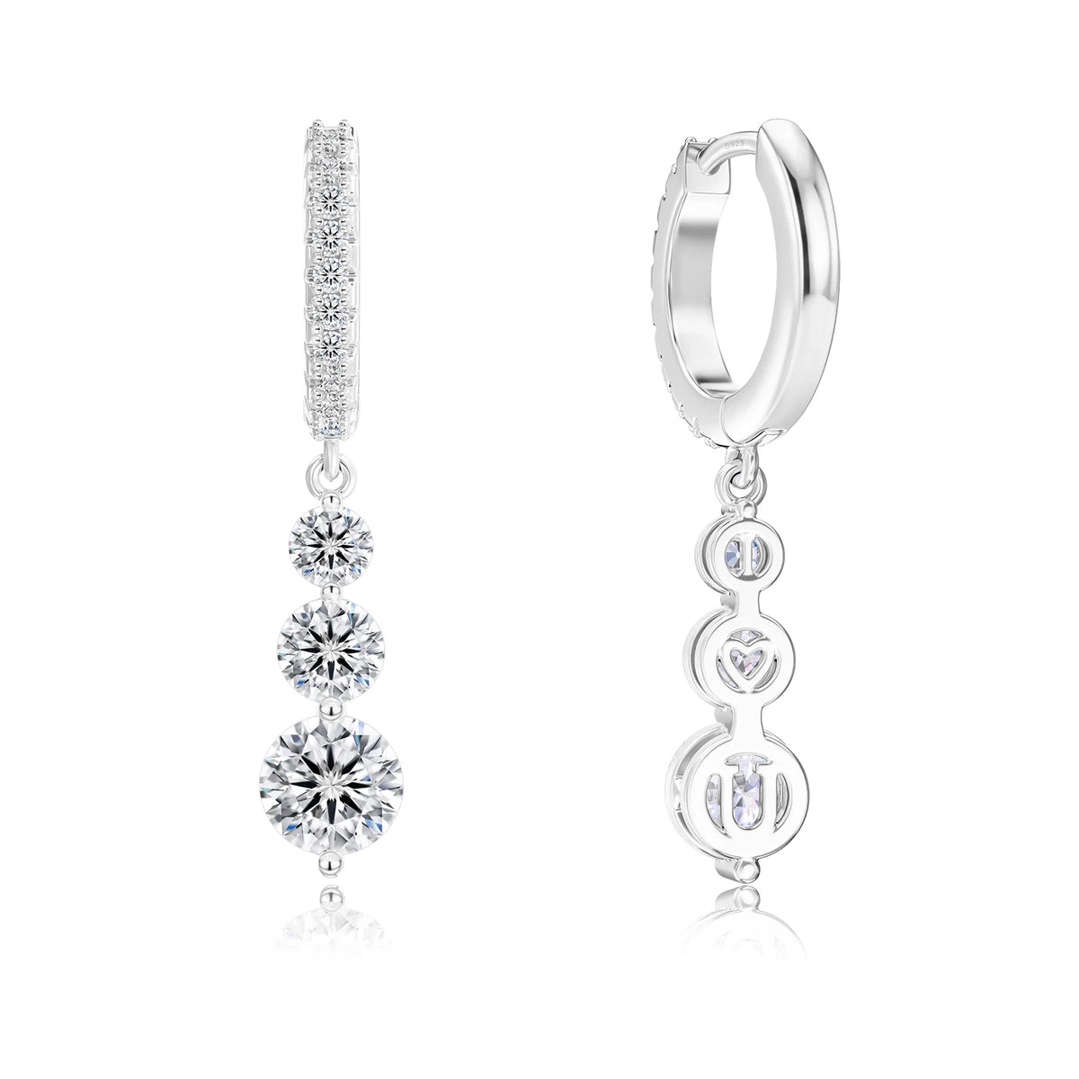 A pair of silver huggie hoop earrings with dangling vertical chains of clear cubic zirconia stones, shown from both front and side angles on a white background.
