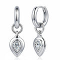 Silver earrings with teardrop-shaped gemstones on a white background, branded as Jiayi Jewelry.