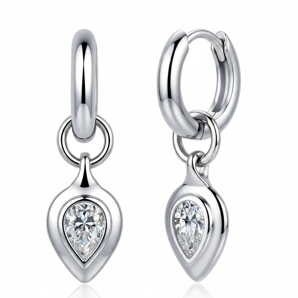 Silver earrings with teardrop-shaped gemstones on a white background, branded as Jiayi Jewelry.