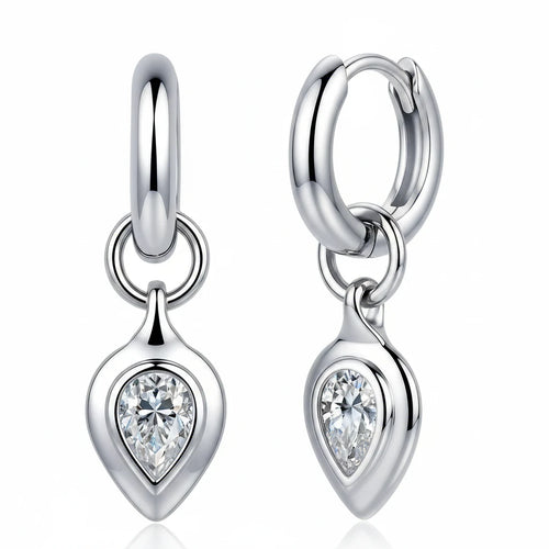 Silver earrings with teardrop-shaped gemstones on a white background, branded as Jiayi Jewelry.