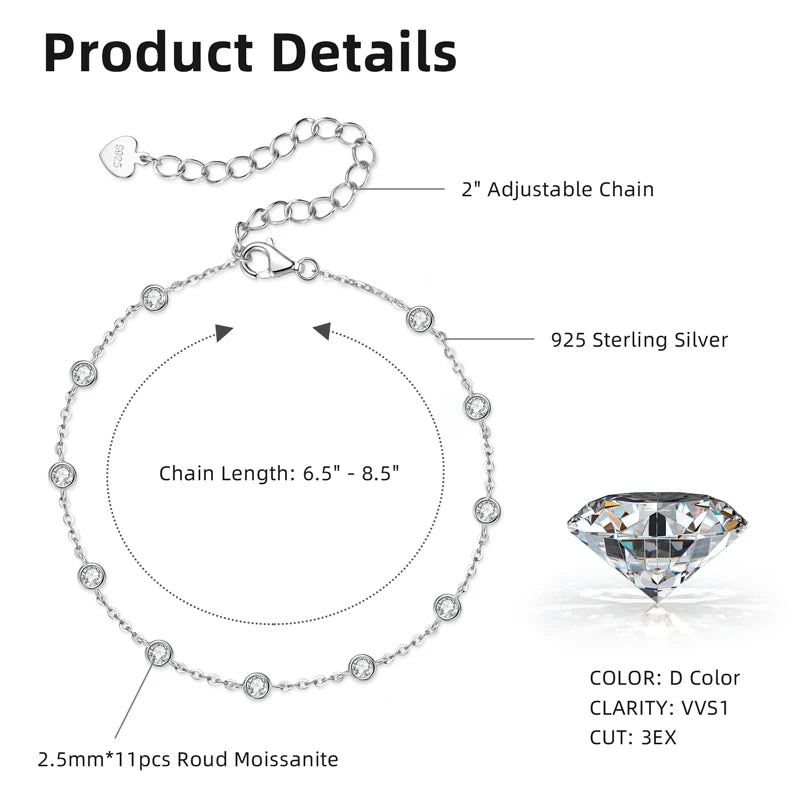 Moissanite Bezel Chain Bracelet | 925 Sterling Silver | White & Yellow Gold