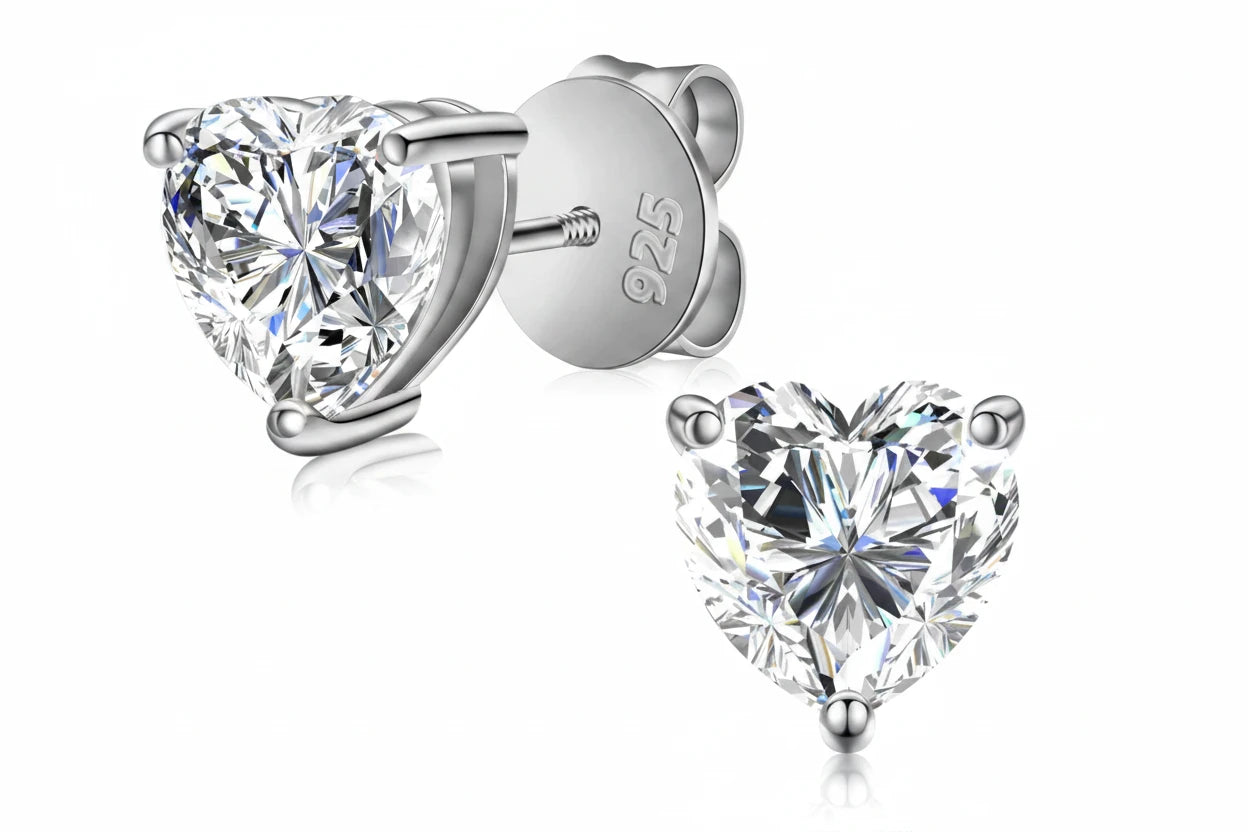 Heart Cut VVS Moissanite Stud Earrings | 925 Sterling Silver | White Gold Plated