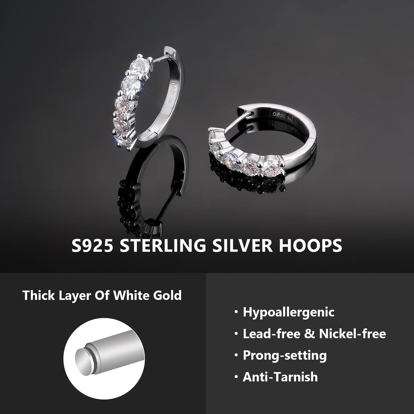 S925 Sterling Silver Hoop Earrings with white gold layer on a dark background