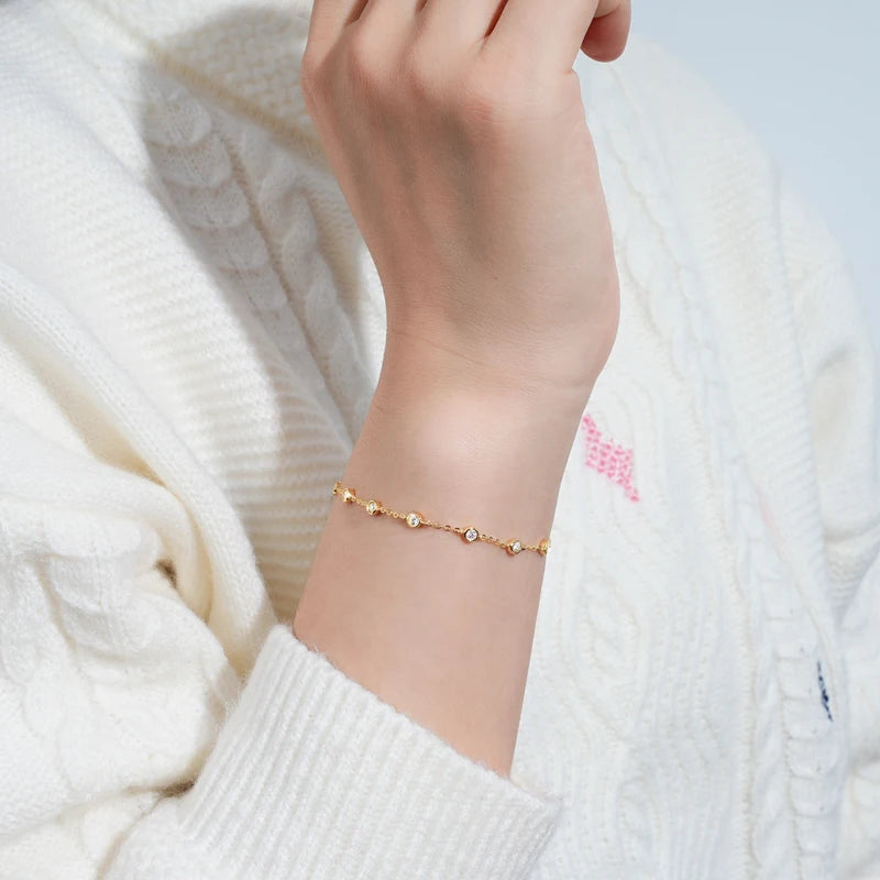 Moissanite Bezel Chain Bracelet | 925 Sterling Silver | White & Yellow Gold