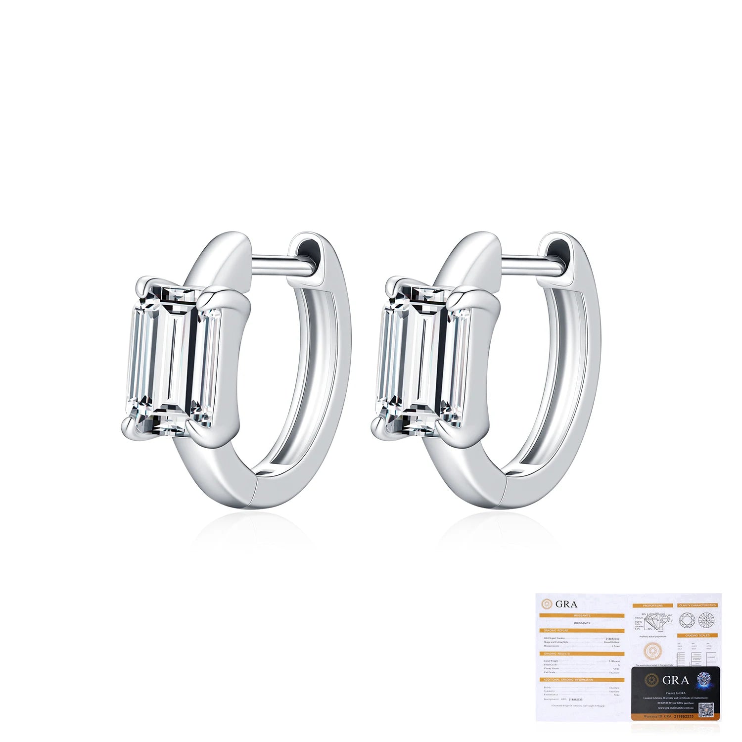 Pair of silver hoop earrings with baguette-cut gemstones and a GRA certificate on a white background.