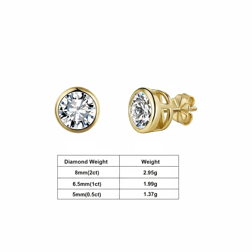 Gold stud earrings with diamond-like stones on a white background, featuring product details and a money-back guarantee badge.