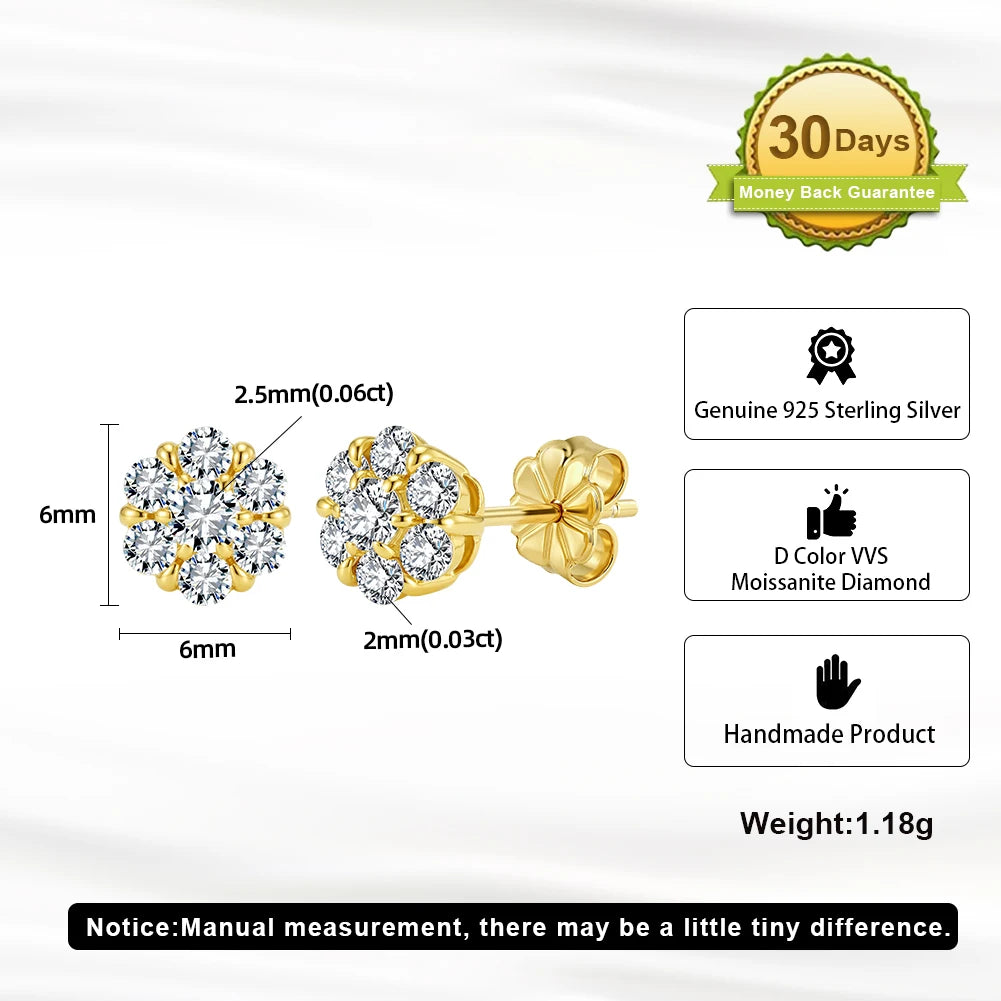 Gold and silver stud earrings with clear gemstones, shown with dimension labels and product features on a white background. Includes text noting 2.