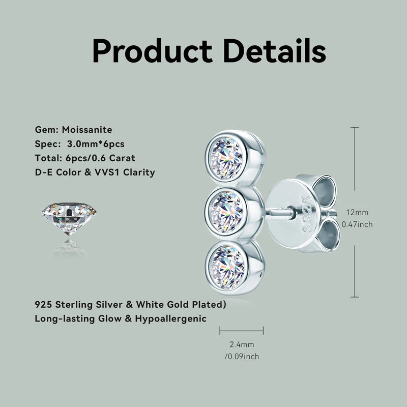Three Stone Moissanite Stud Earrings | 925 Silver | Bezel Set