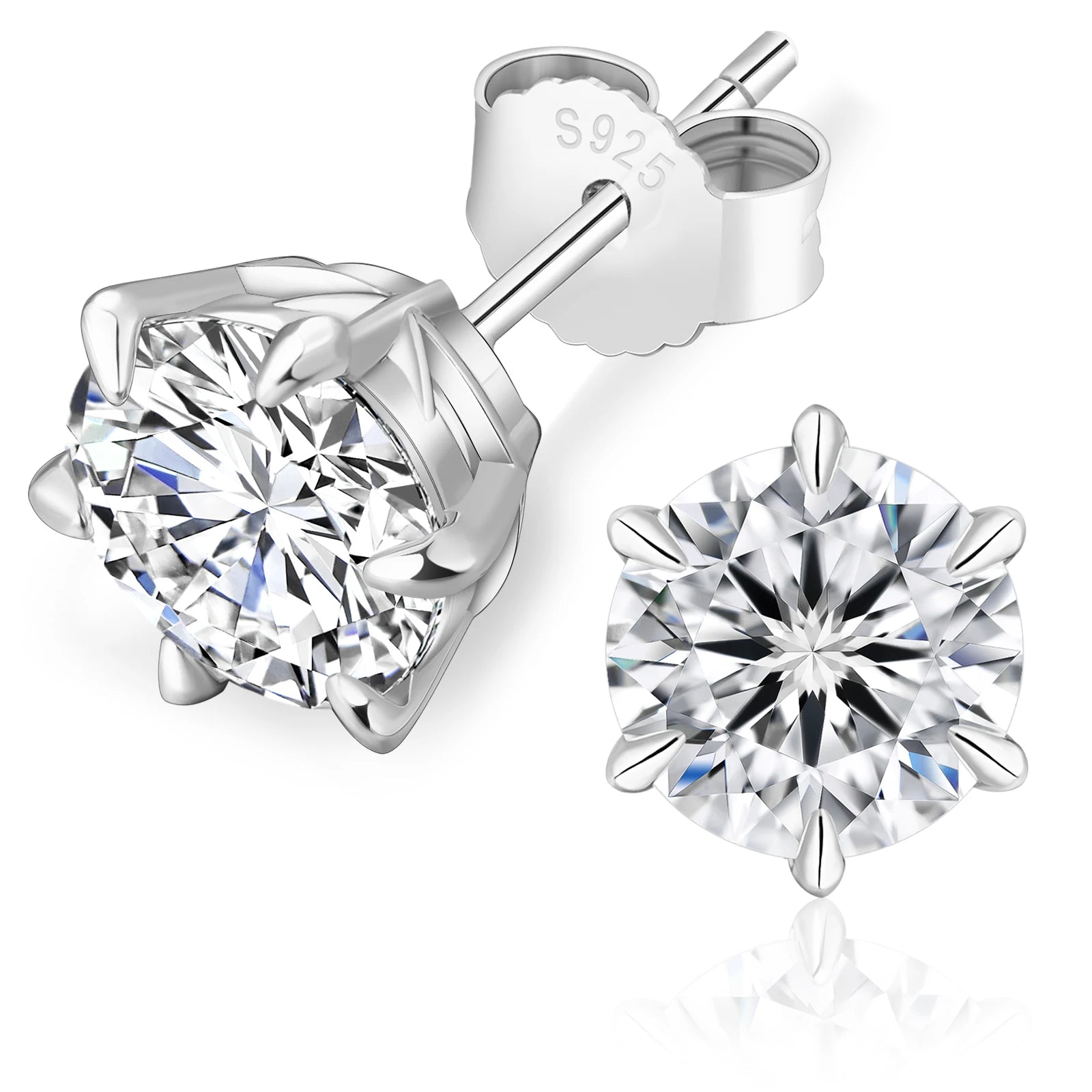 Two silver stud earrings with round brilliant-cut clear gemstones, one shown from the side with the post and backing and the other from the front, on a white background.