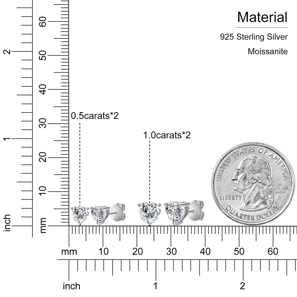 Heart-shaped stud earrings with carat weight measurement and size comparison to a quarter dollar coin.