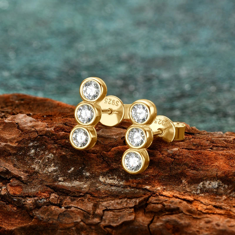 Three Stone Moissanite Stud Earrings | 925 Silver | Bezel Set