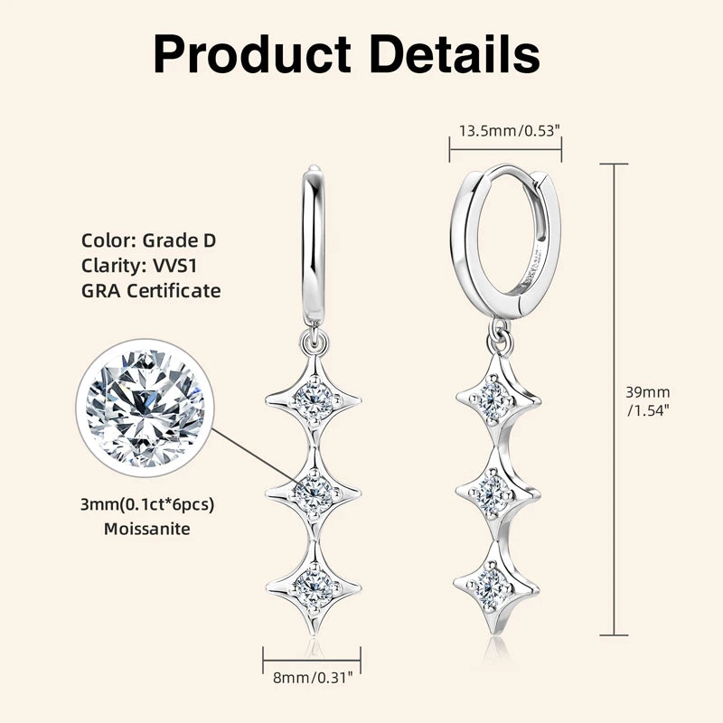 Silver hoop dangle earrings with three starburst clusters set with clear stones, shown with product dimensions and a gemstone detail callout on a light beige background under the heading 'Product Details'.