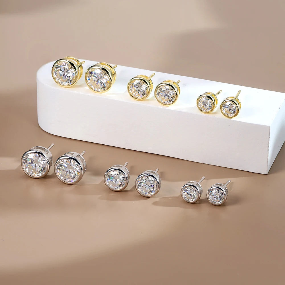 Round Brilliant Moissanite Bezel Stud Earrings | VVS | 925 Sterling Silver