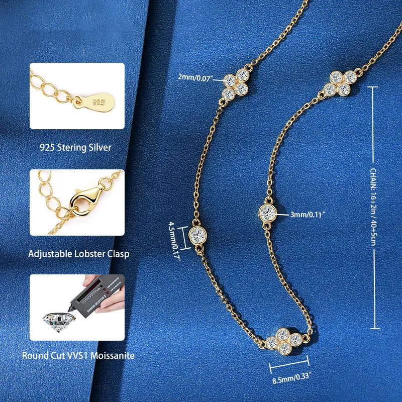 Moissanite Four Leaf Clover Necklace | 925 Sterling Silver | 3mm & 2mm Stones
