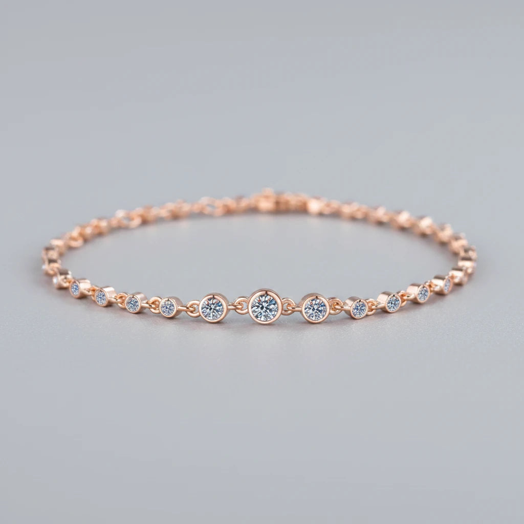 Rose gold bracelet with diamonds on a teal background