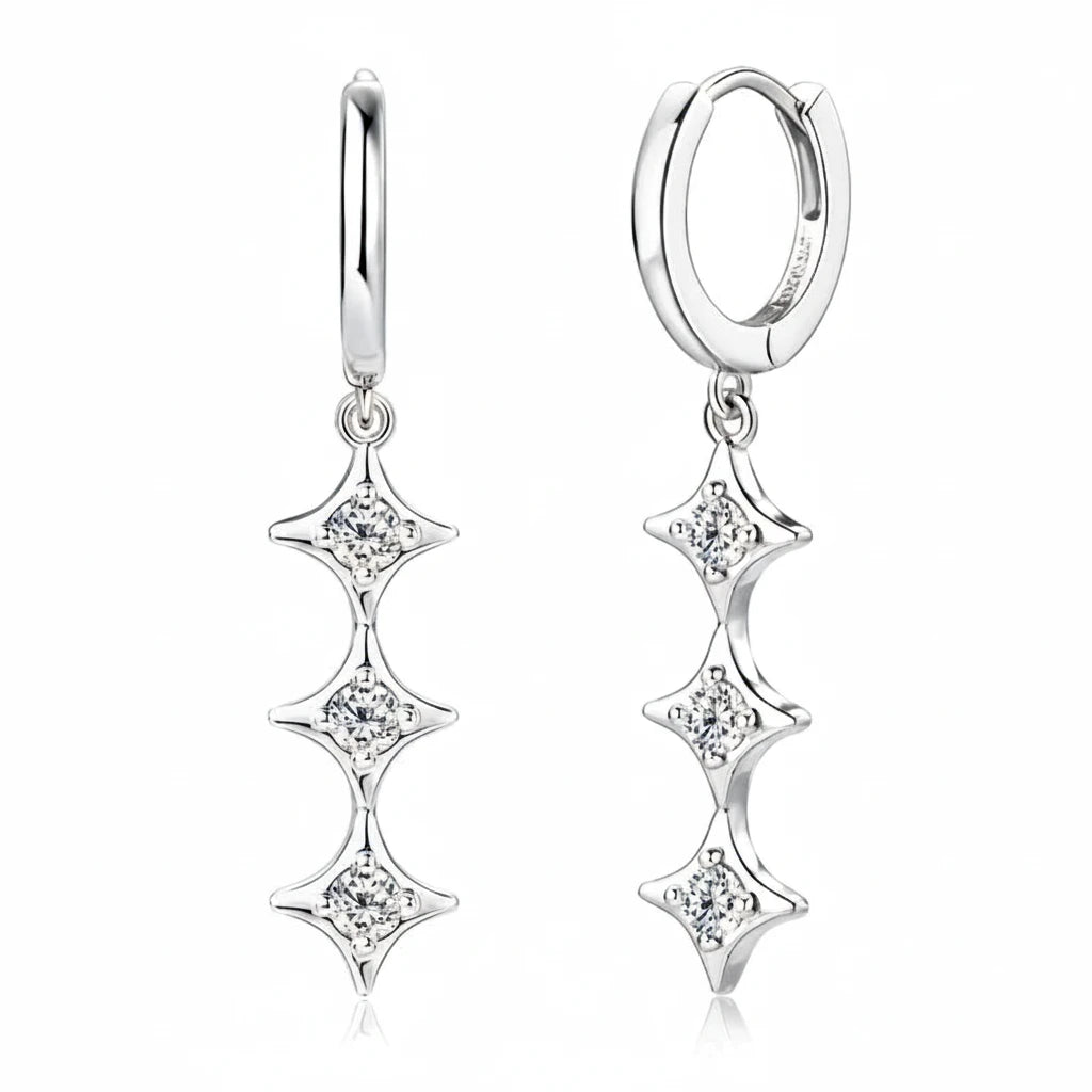 A pair of Chasau silver drop earrings with three star-shaped clusters of clear cubic zirconia stones on each earring, shown against a white background with the Chasau brand logo in the top left corner.