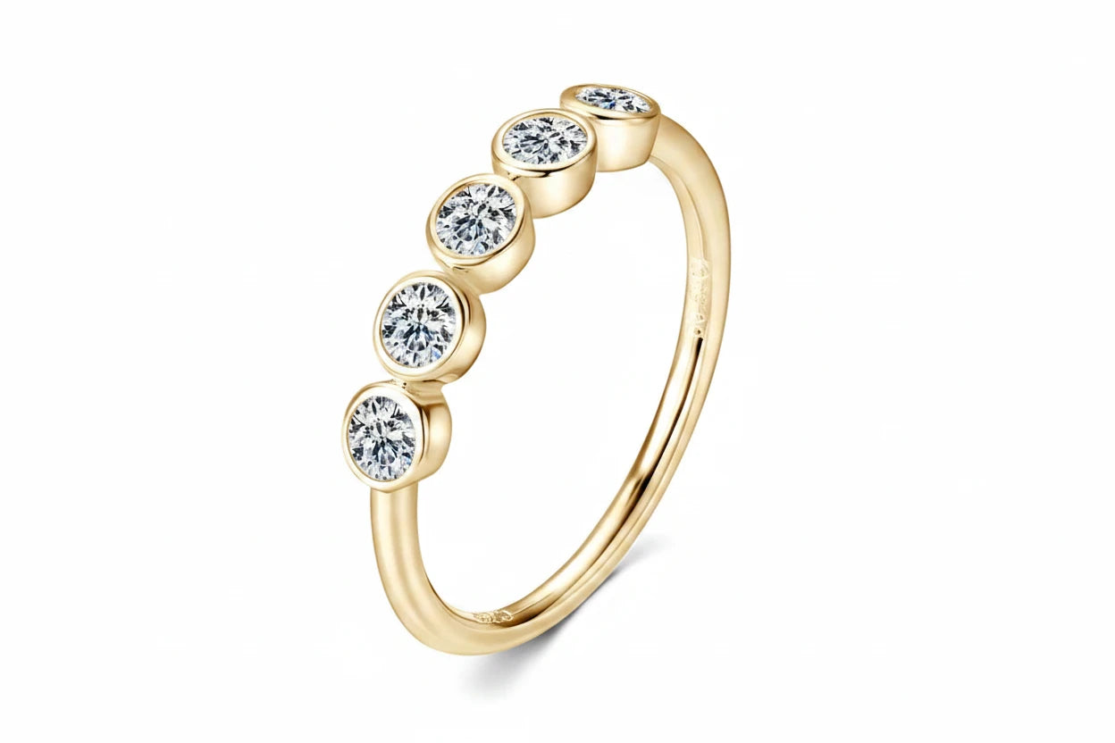 5-Stone Moissanite Wedding Band | D Color VVS1 | Bezel Set 3mm | 14K Gold Plated 925 Silver