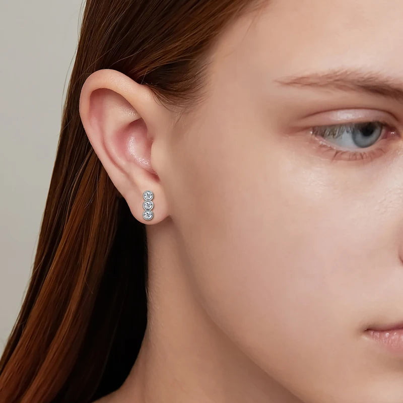 Three Stone Moissanite Stud Earrings | 925 Silver | Bezel Set