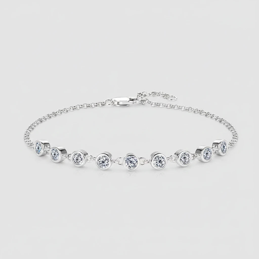 Silver moissanite bracelet with a couple in the background on a beige background