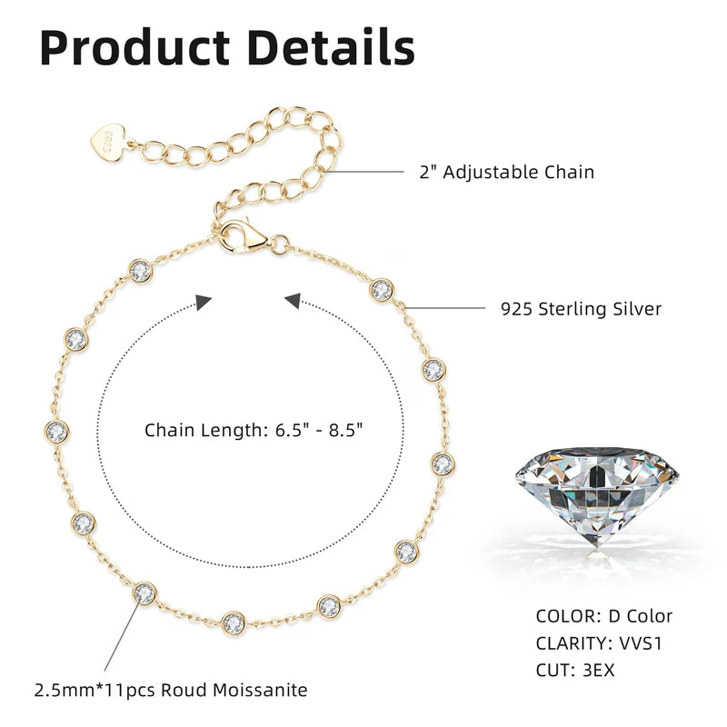 Moissanite Bezel Chain Bracelet | 925 Sterling Silver | White & Yellow Gold