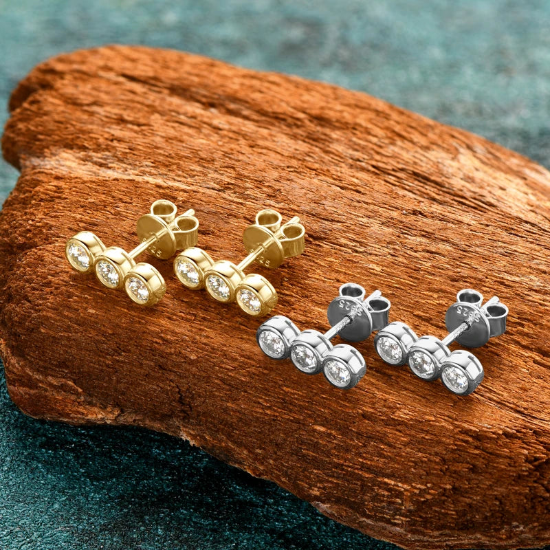 Three Stone Moissanite Stud Earrings | 925 Silver | Bezel Set
