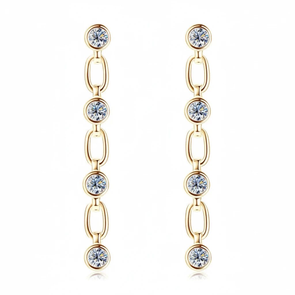 A pair of gold link drop earrings with round clear gemstones, shown on a white background with the CHASAU brand logo in the top left corner.