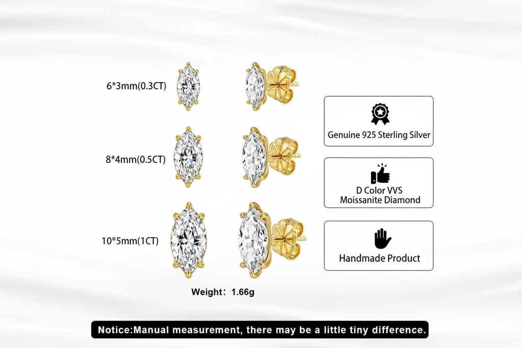 Gold earrings with marquise-shaped gemstones and product details on a white background