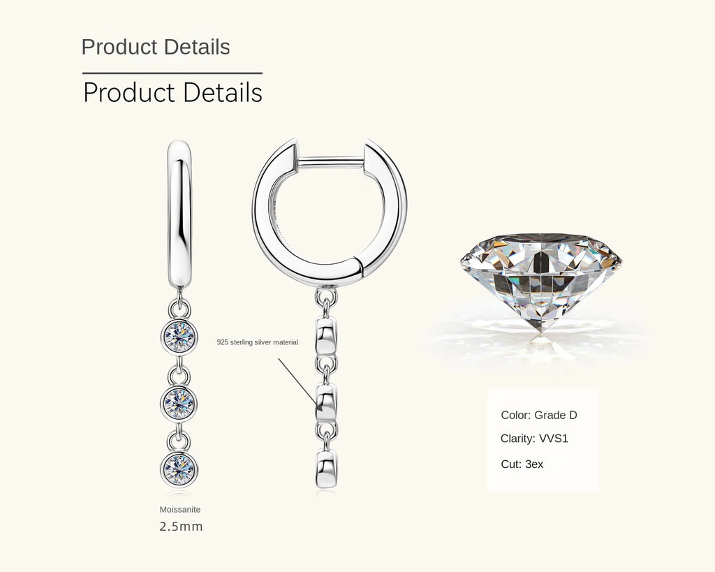 Jewelry product details with earrings and a diamond on a white background