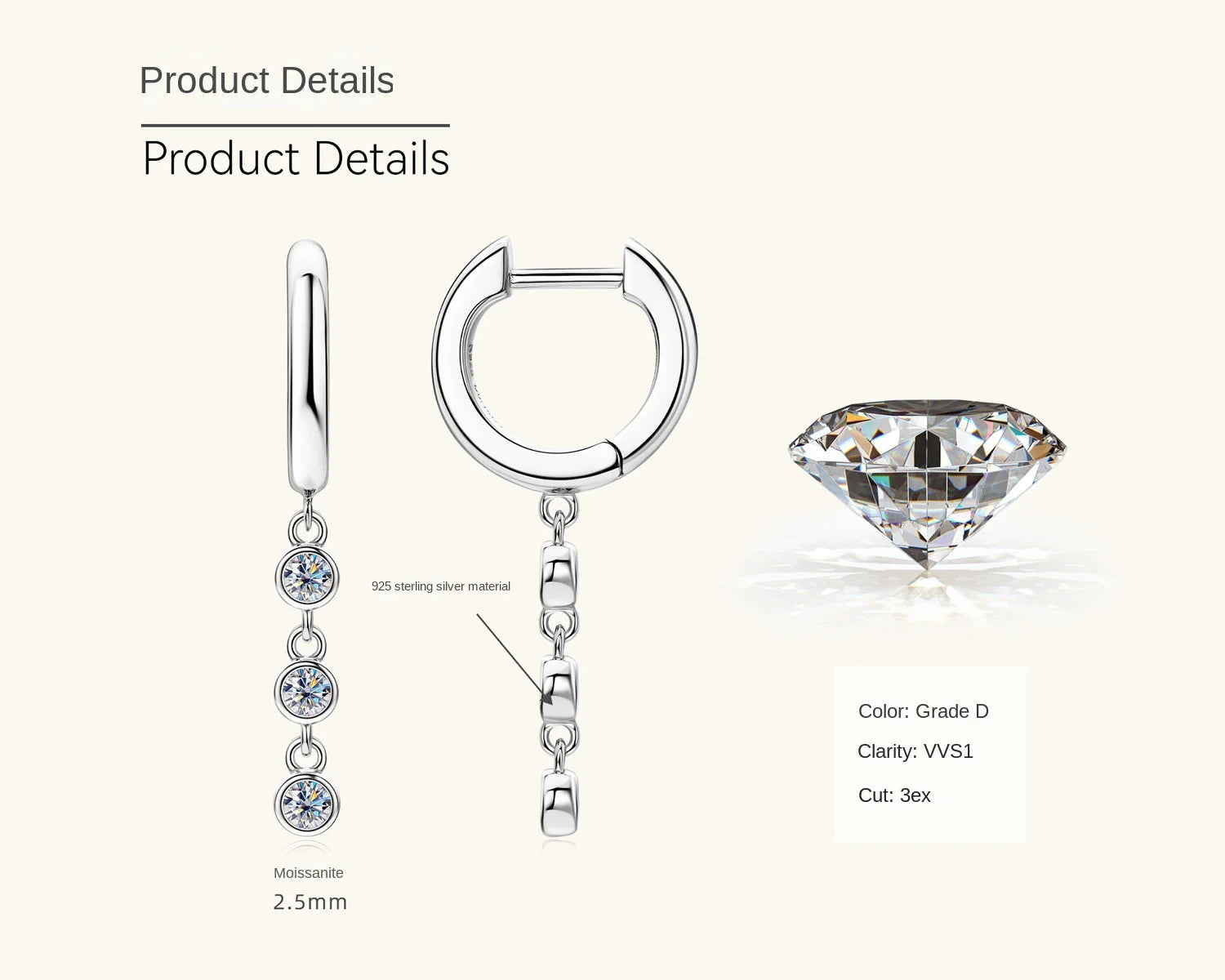 Jewelry product details with earrings and a diamond on a white background