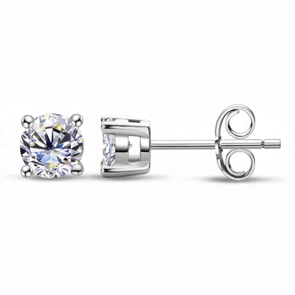 Silver stud earrings with clear gemstones on a white background, featuring the Chasau brand.