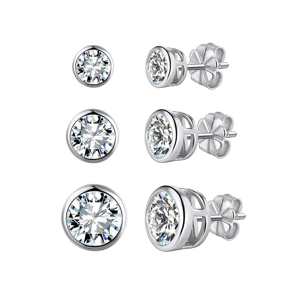 Round Brilliant Moissanite Bezel Stud Earrings | VVS | 925 Sterling Silver