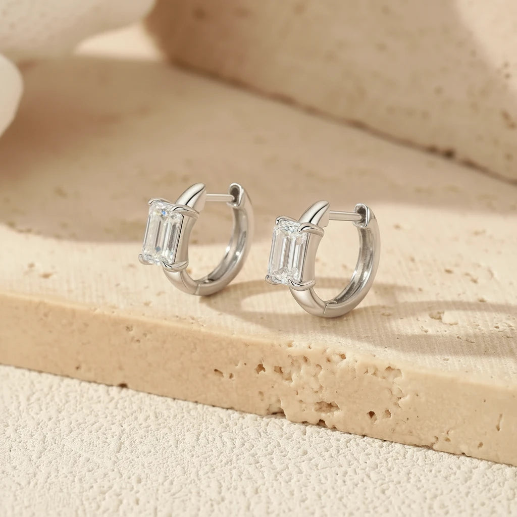 Moissanite Emerald Cut Hoop Earrings | 925 Sterling Silver, Rhodium  Plated
