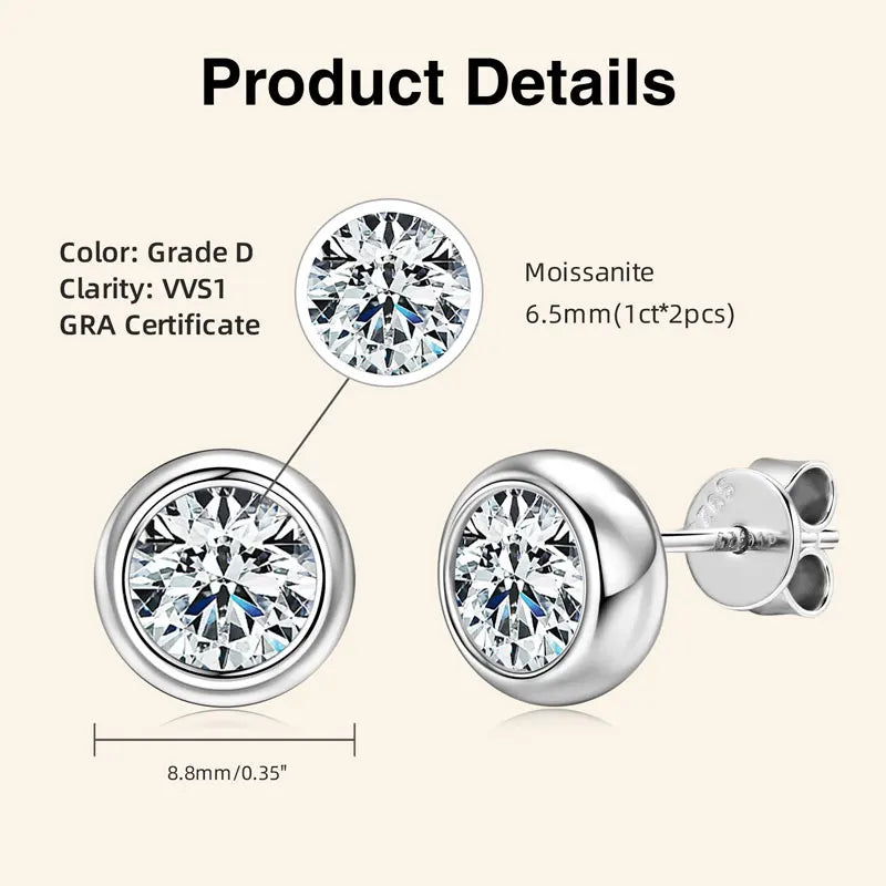 Silver stud earrings with Moissanite stones, showing product details on a white background.