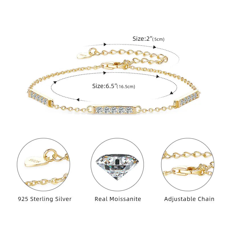 Gold bracelet with adjustable chain, 925 Sterling Silver clasp, and Real Moissanite stones on a white background.