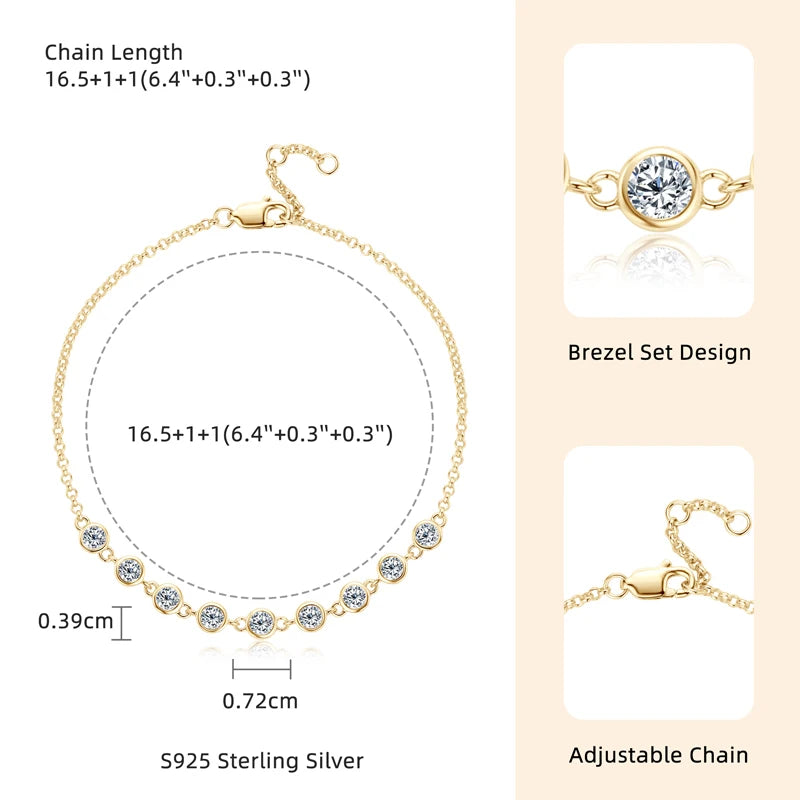 Gold bracelet with crystal stones, chain length details, and brezel set design on a beige background.