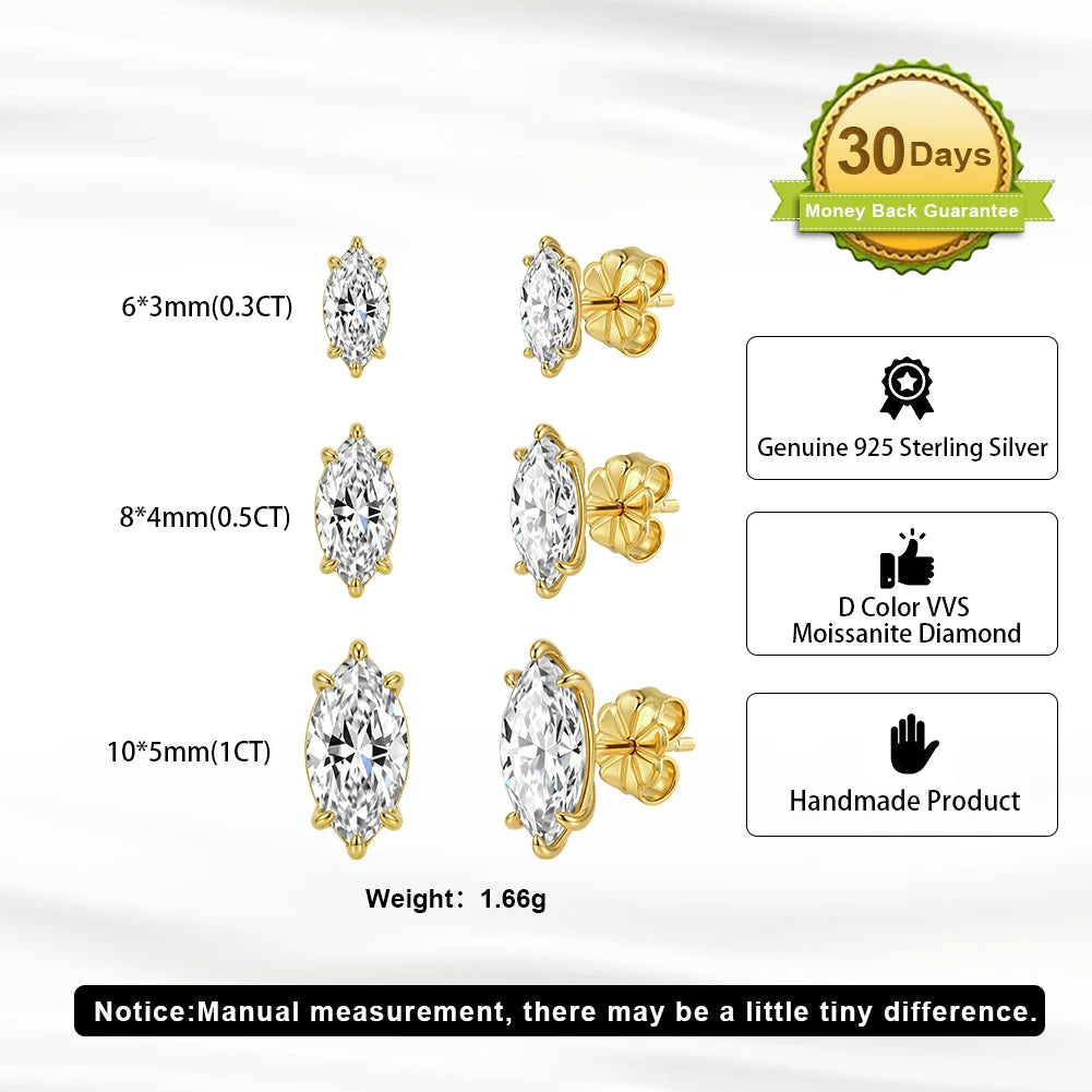 Marquise Cut Moissanite Stud Earrings – 925 Sterling Silver, Rhodium & Gold Plated
