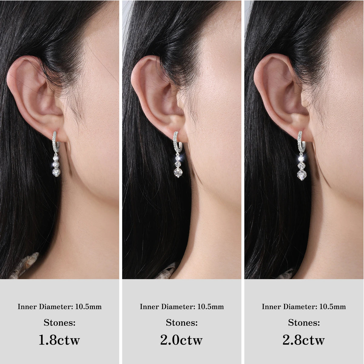 Three side-by-side close-up views of a woman's ear wearing a small dangling hoop earring with clear stones. Text below each view shows inner diameter 10.