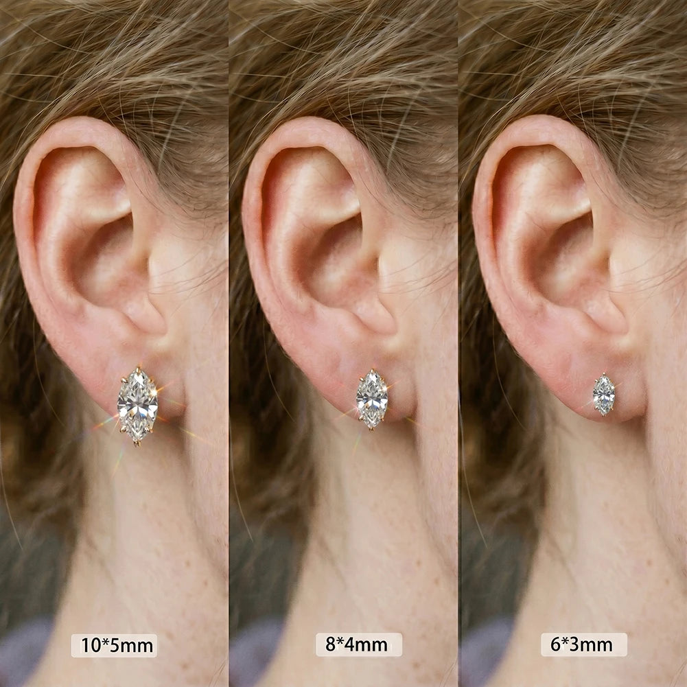 Three views of an ear wearing a diamond earring with size labels.