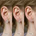 Three views of an ear wearing a diamond earring with size labels.