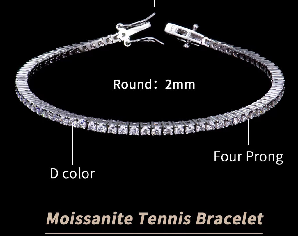 Moissanite tennis bracelet with specifications on a black background